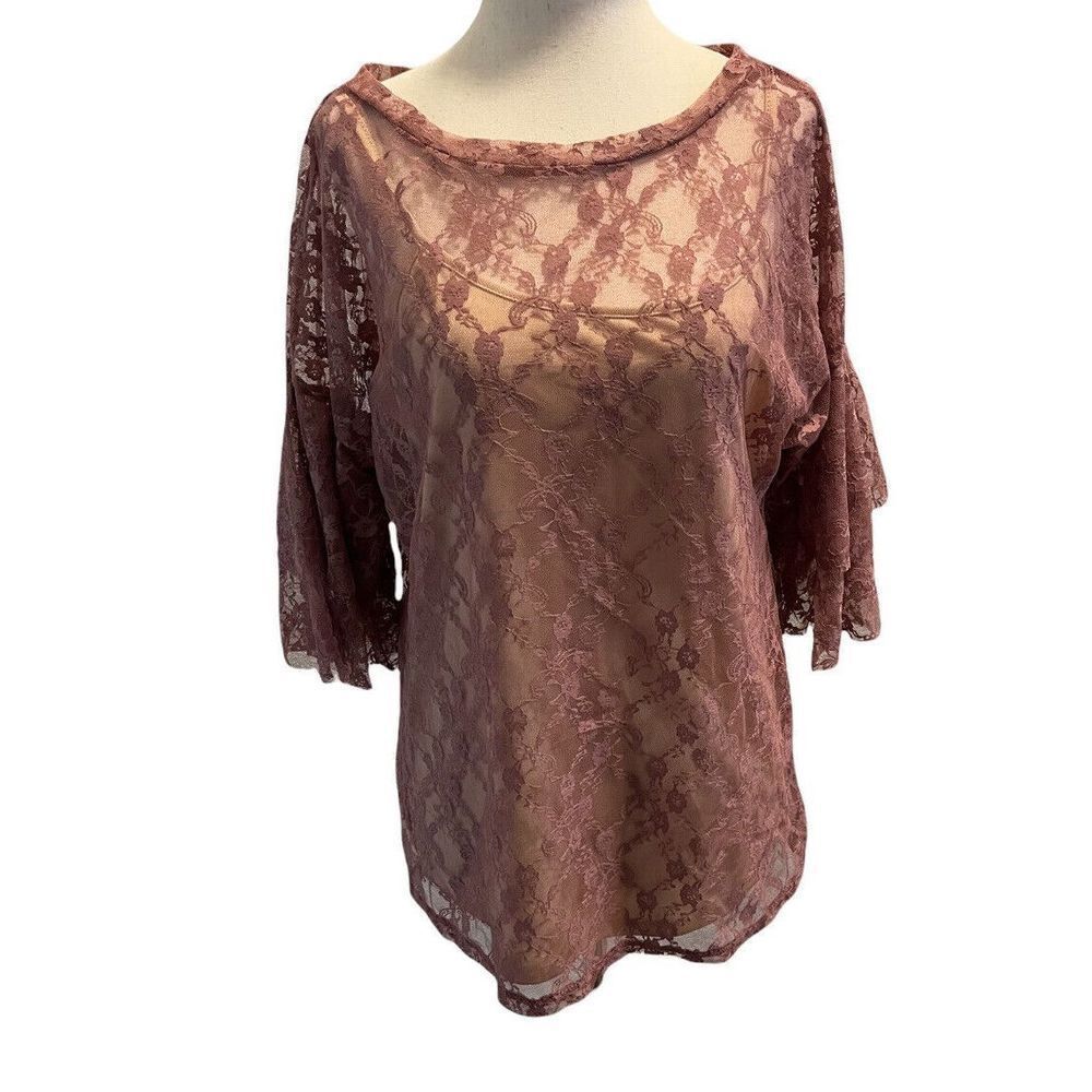 Bobeau Nordstroms Womens Size MEDIUM Mesh Lace Overlay Cami Blouse 3/4 Sleeves